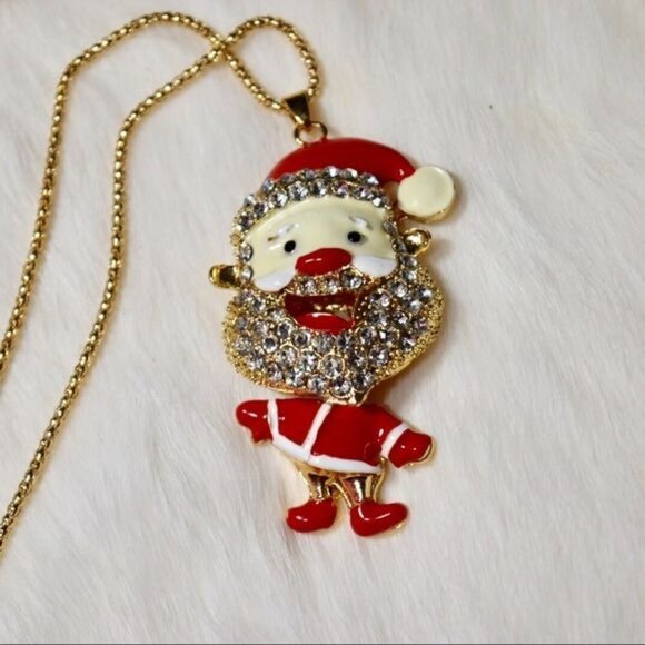Gold Rhinestone Santa Claus Christmas Necklace Holiday Stocking Stuffer Idea - Picture 2 of 4